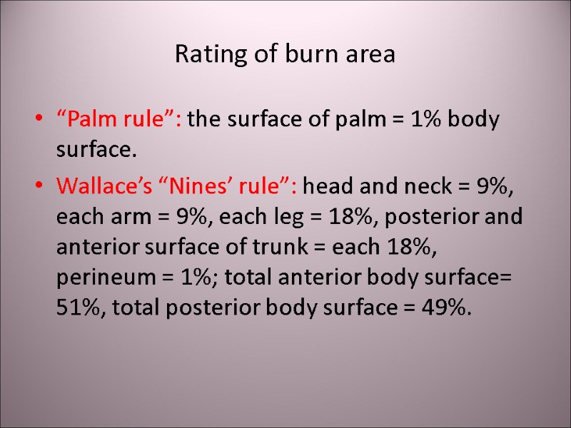 Rating of burn area “Palm rule”: the surface of palm = 1% body surface.